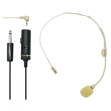 El conjunto incluye un micrófono de condensador de diadema y un adaptador de alimentación USB para un uso versátil.